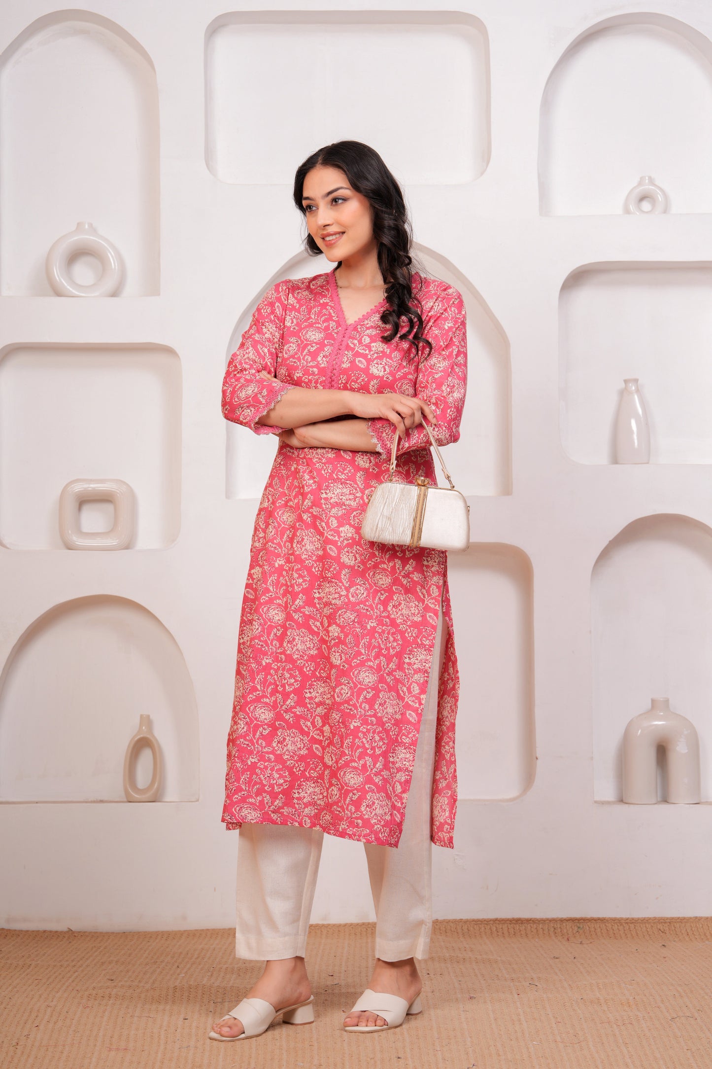 Soft Cotton Floral Straight Pink Kurta