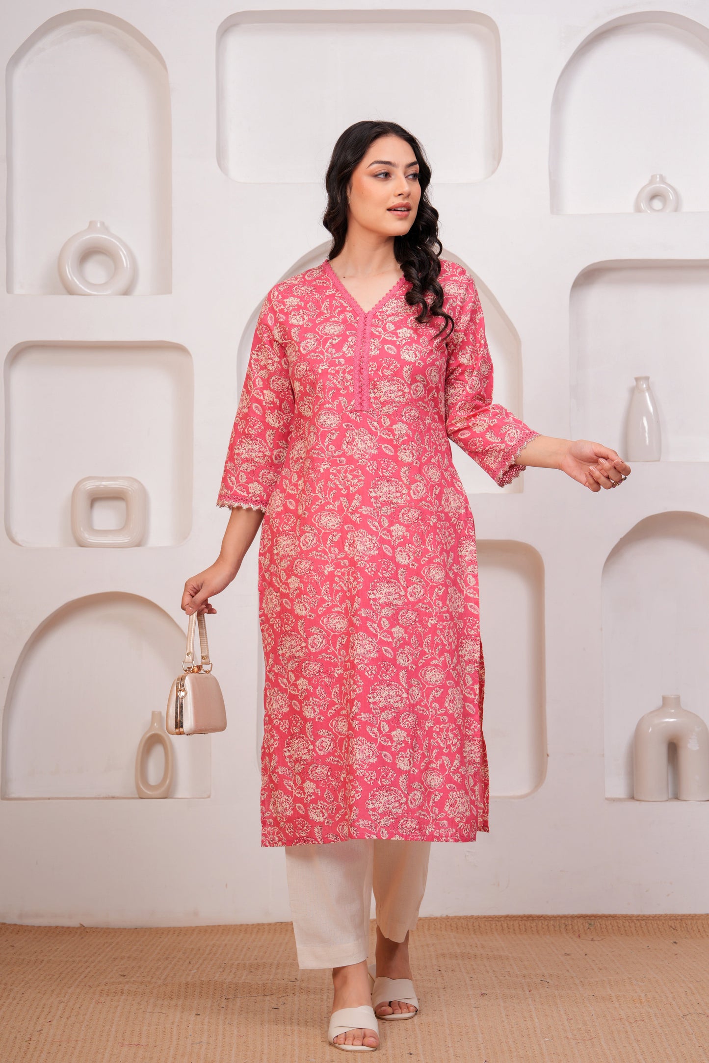 Soft Cotton Floral Straight Pink Kurta