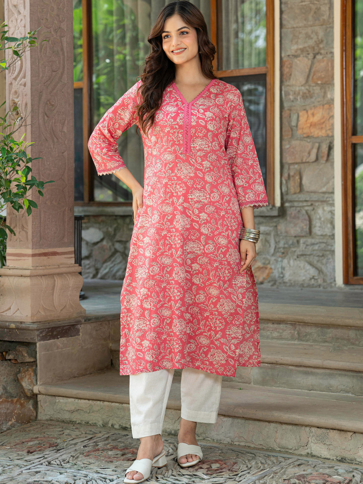 Soft Cotton Floral Straight Pink Kurta