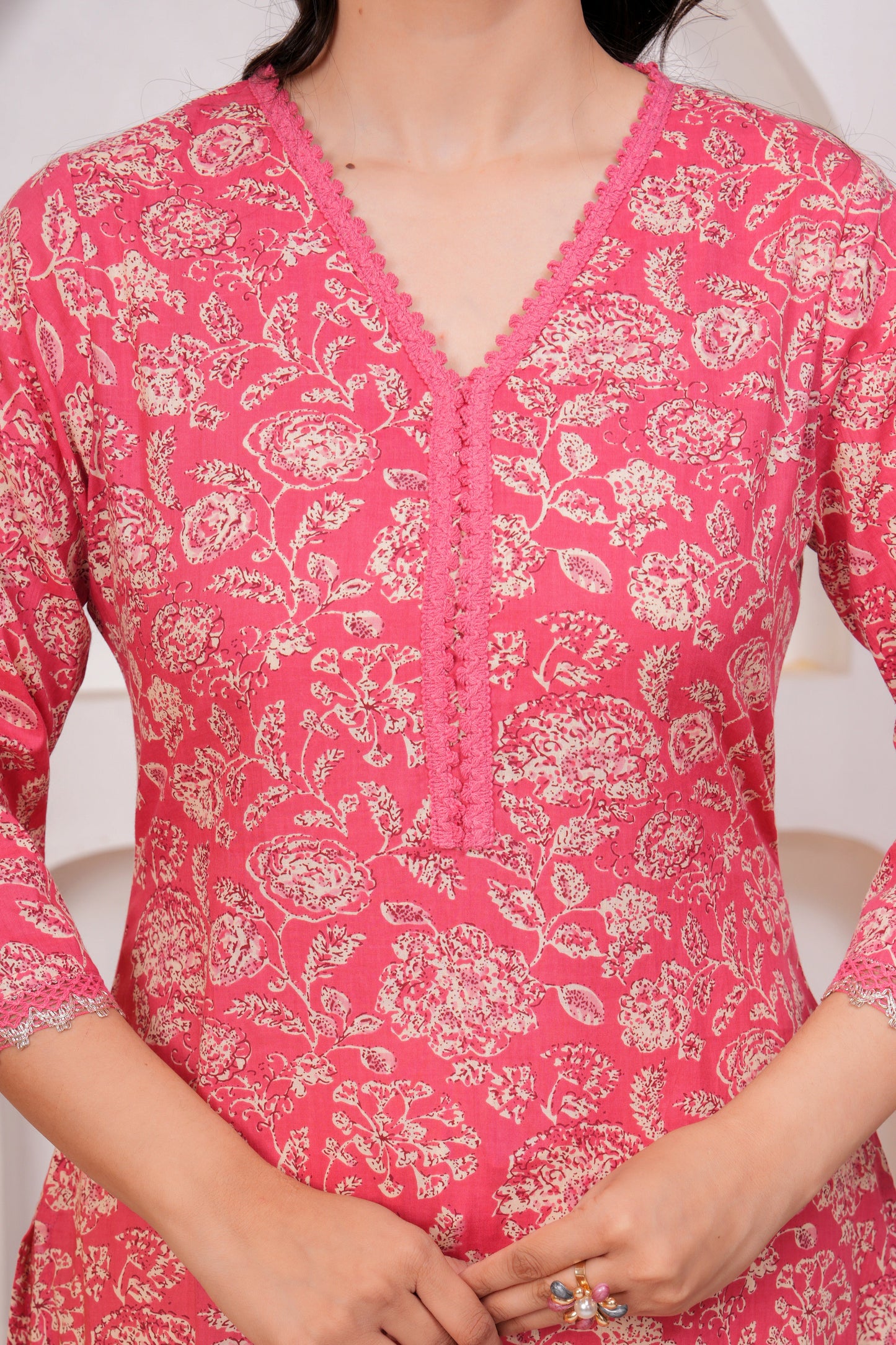 Soft Cotton Floral Straight Pink Kurta