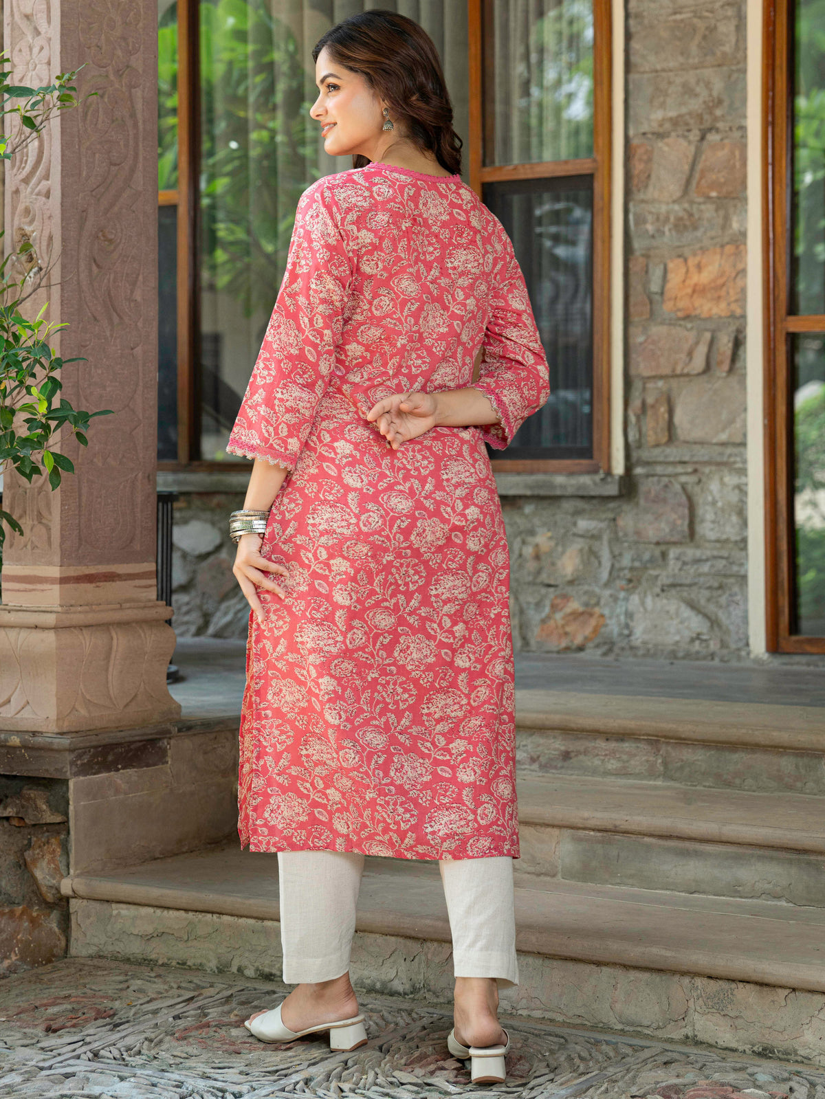 Soft Cotton Floral Straight Pink Kurta