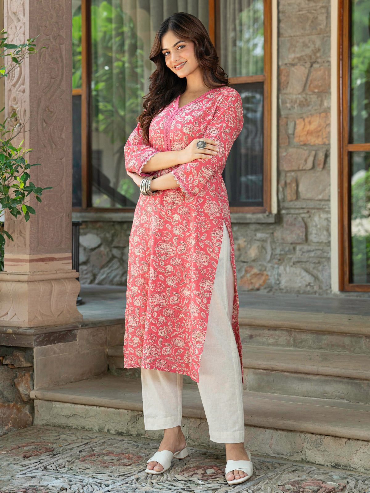 Soft Cotton Floral Straight Pink Kurta