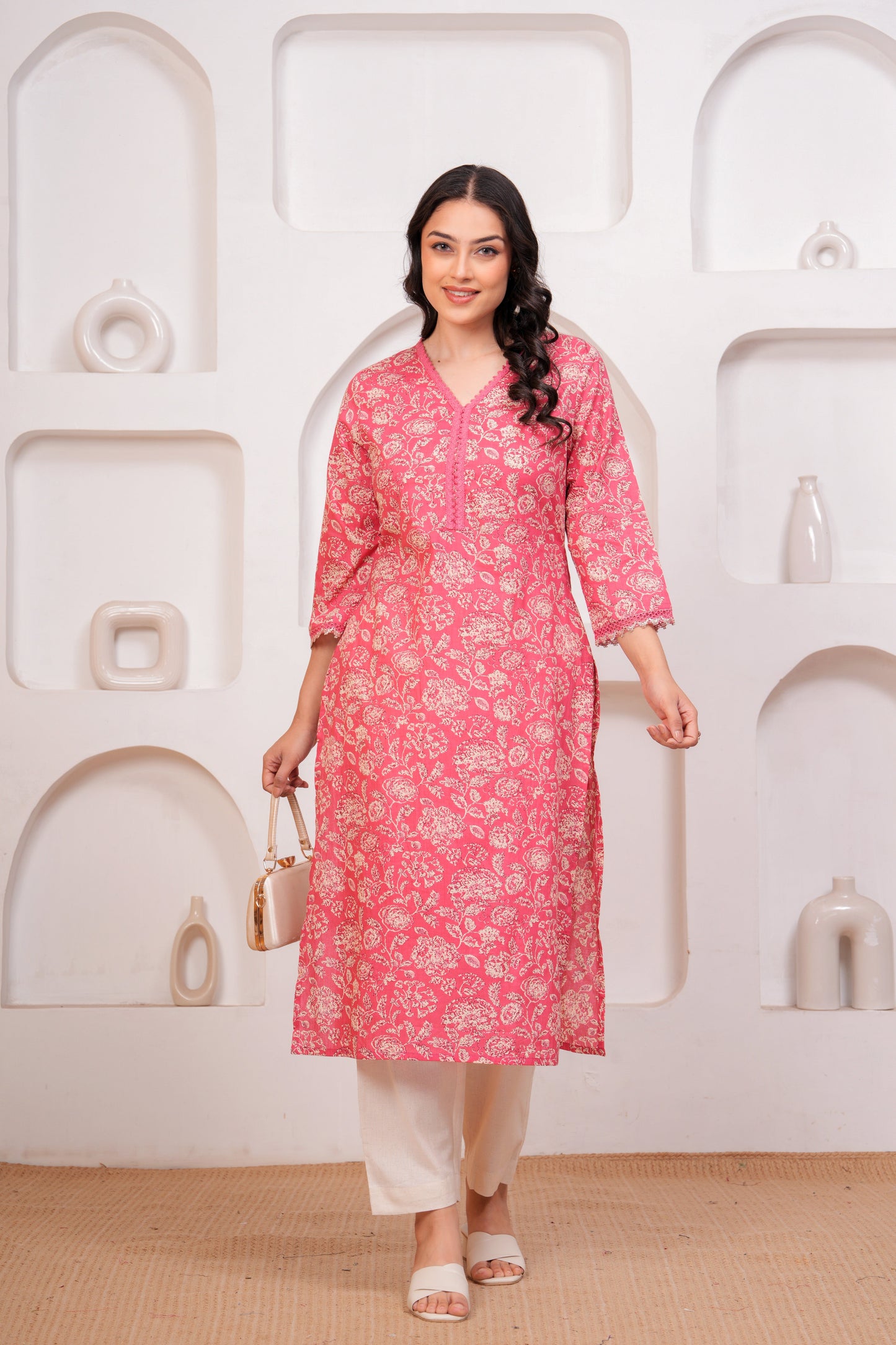 Soft Cotton Floral Straight Pink Kurta