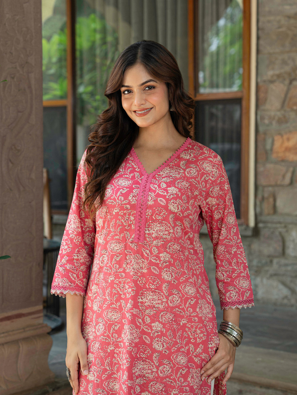 Soft Cotton Floral Straight Pink Kurta