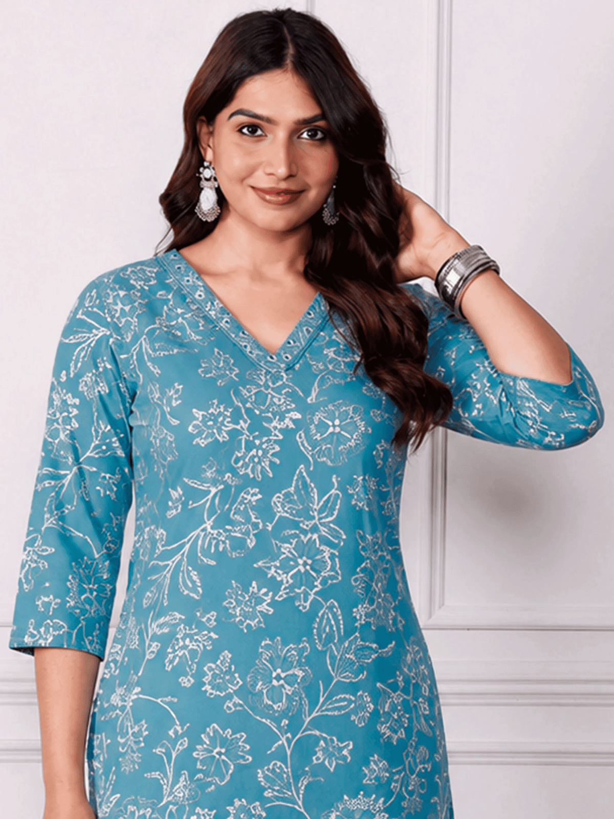 Embroidered soft cotton floral straight blue kurta