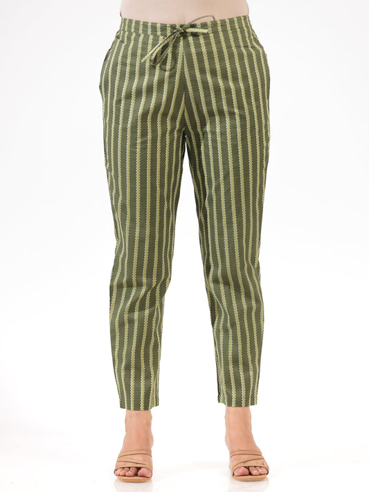 Soft Cotton Striped Green Tapered Trousers