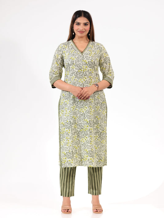 Soft Cotton Foliage Straight Green Kurta