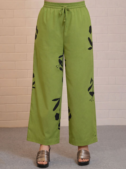 Soft Cotton Floral Green Palazzo Trousers