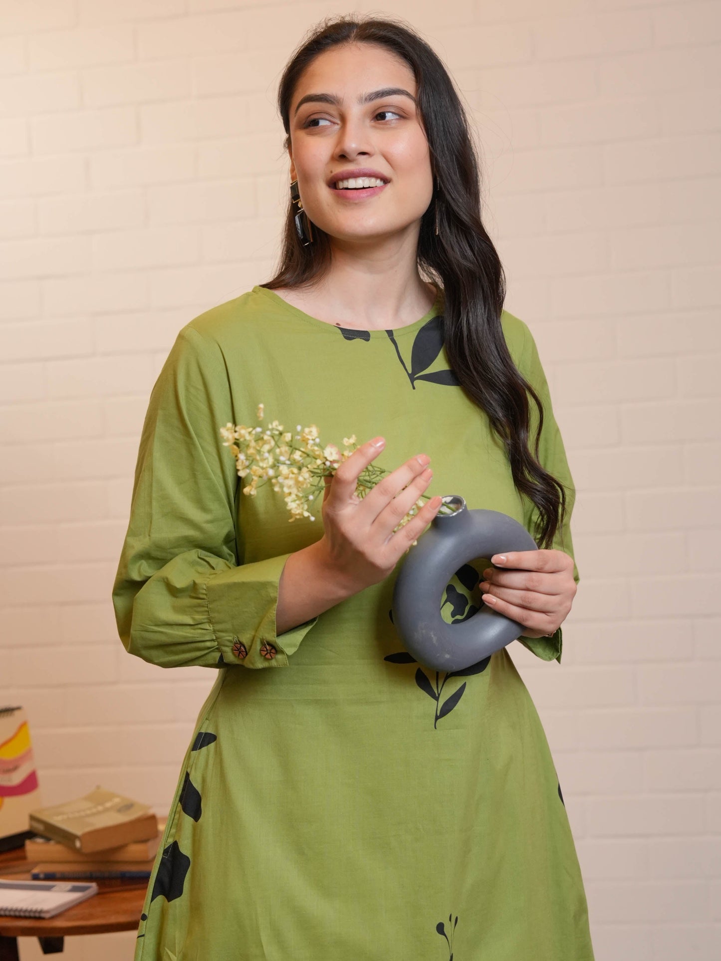 Soft Cotton Floral Straight Green Kurta