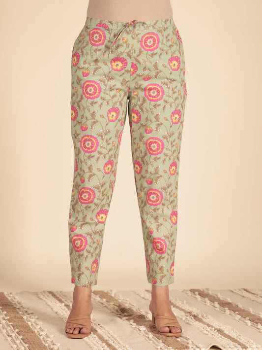 Soft Cotton Floral Green Tapered Trousers
