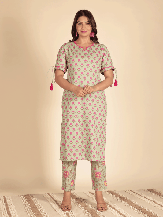 Soft Cotton Floral Straight Green Kurta