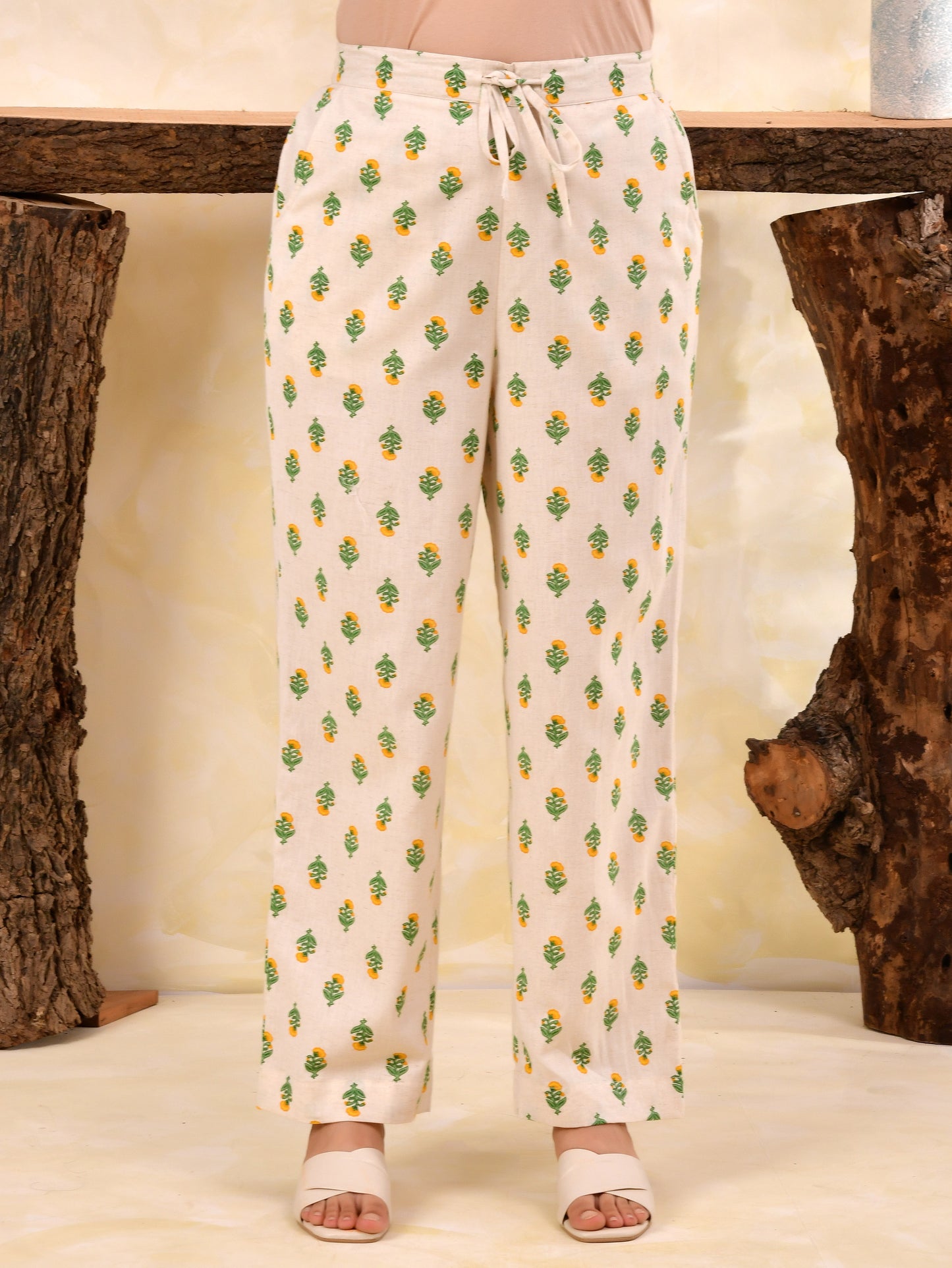Linen cotton Floral Off White Straight Trousers