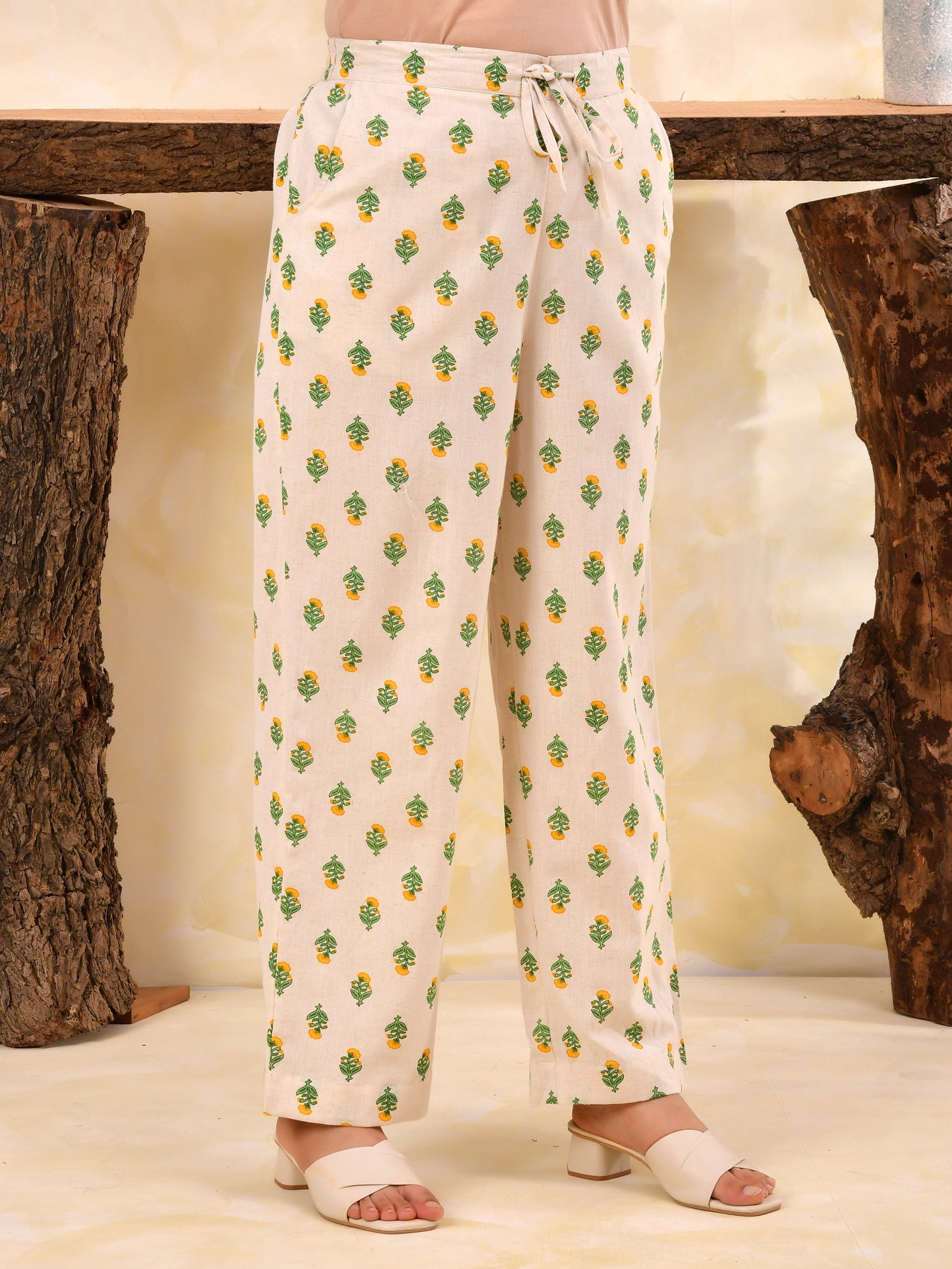Linen cotton Floral Off White Straight Trousers