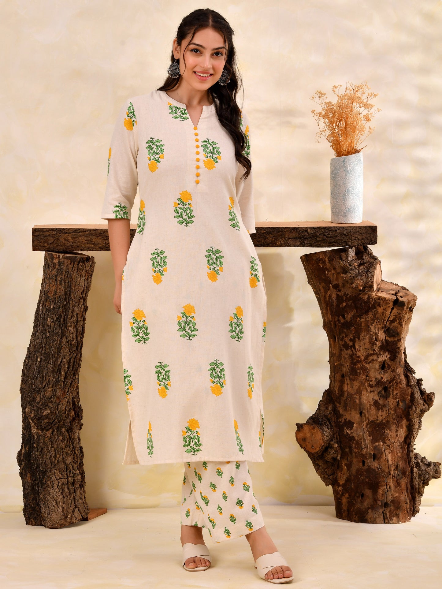 Linen cotton Floral Straight Off White Kurta