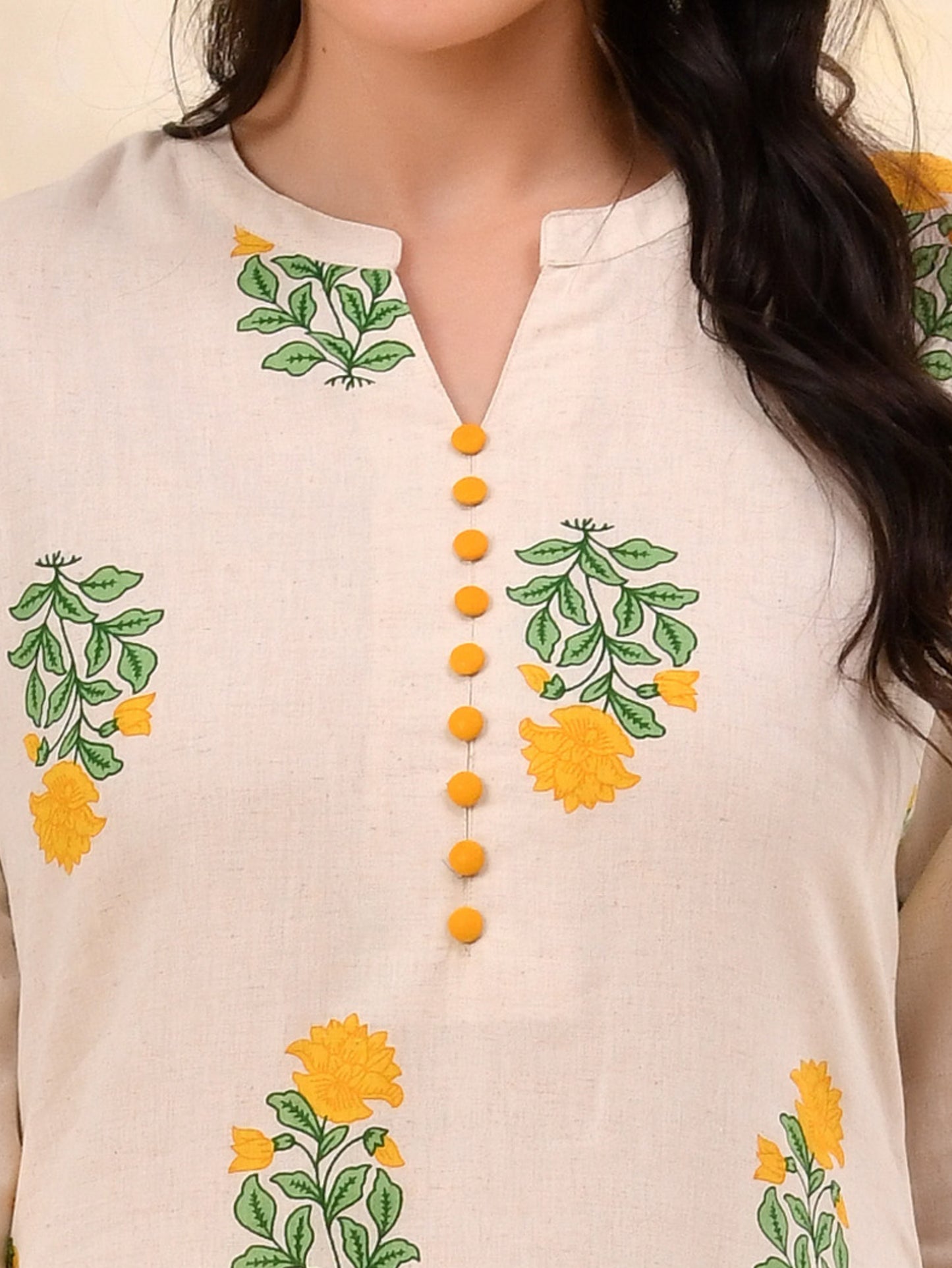 Linen cotton Floral Straight Off White Kurta