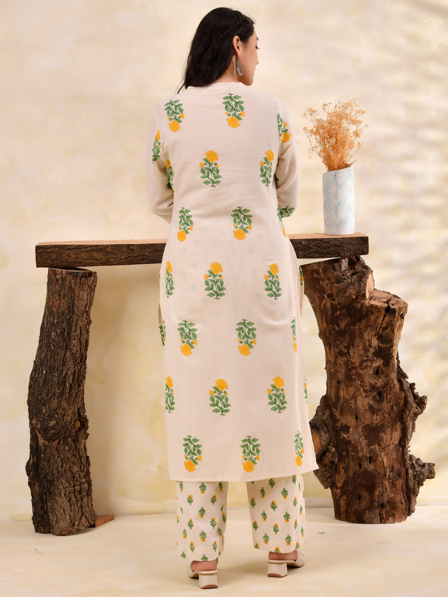 Linen cotton Floral Straight Off White Kurta