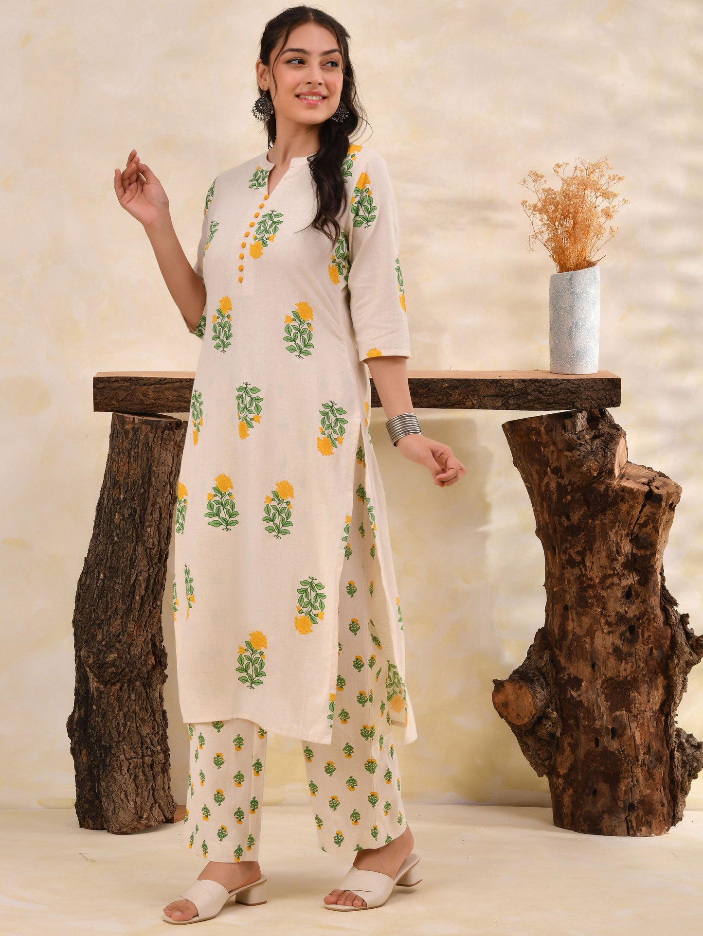 Linen cotton Floral Straight Off White Kurta