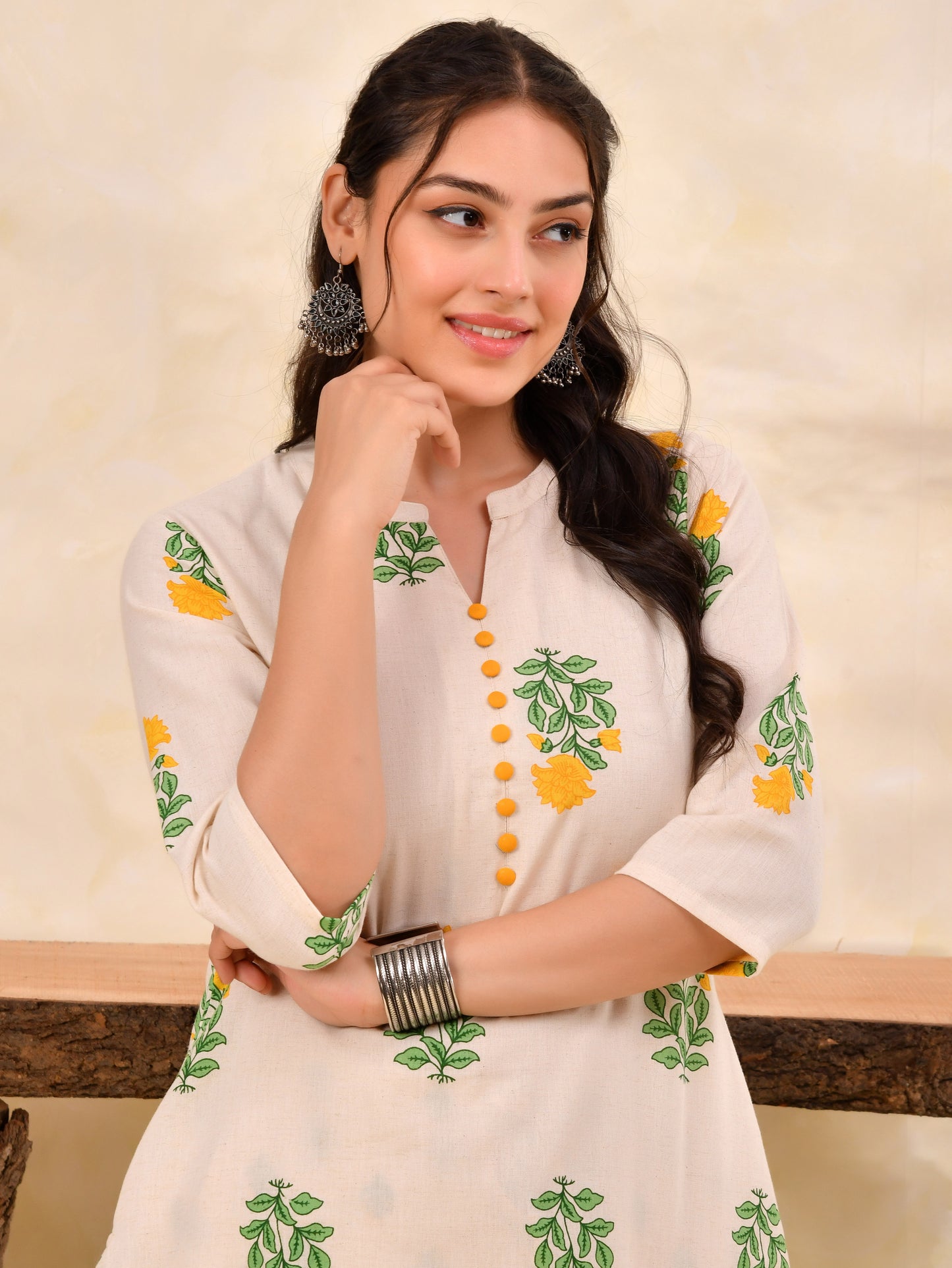 Linen cotton Floral Straight Off White Kurta