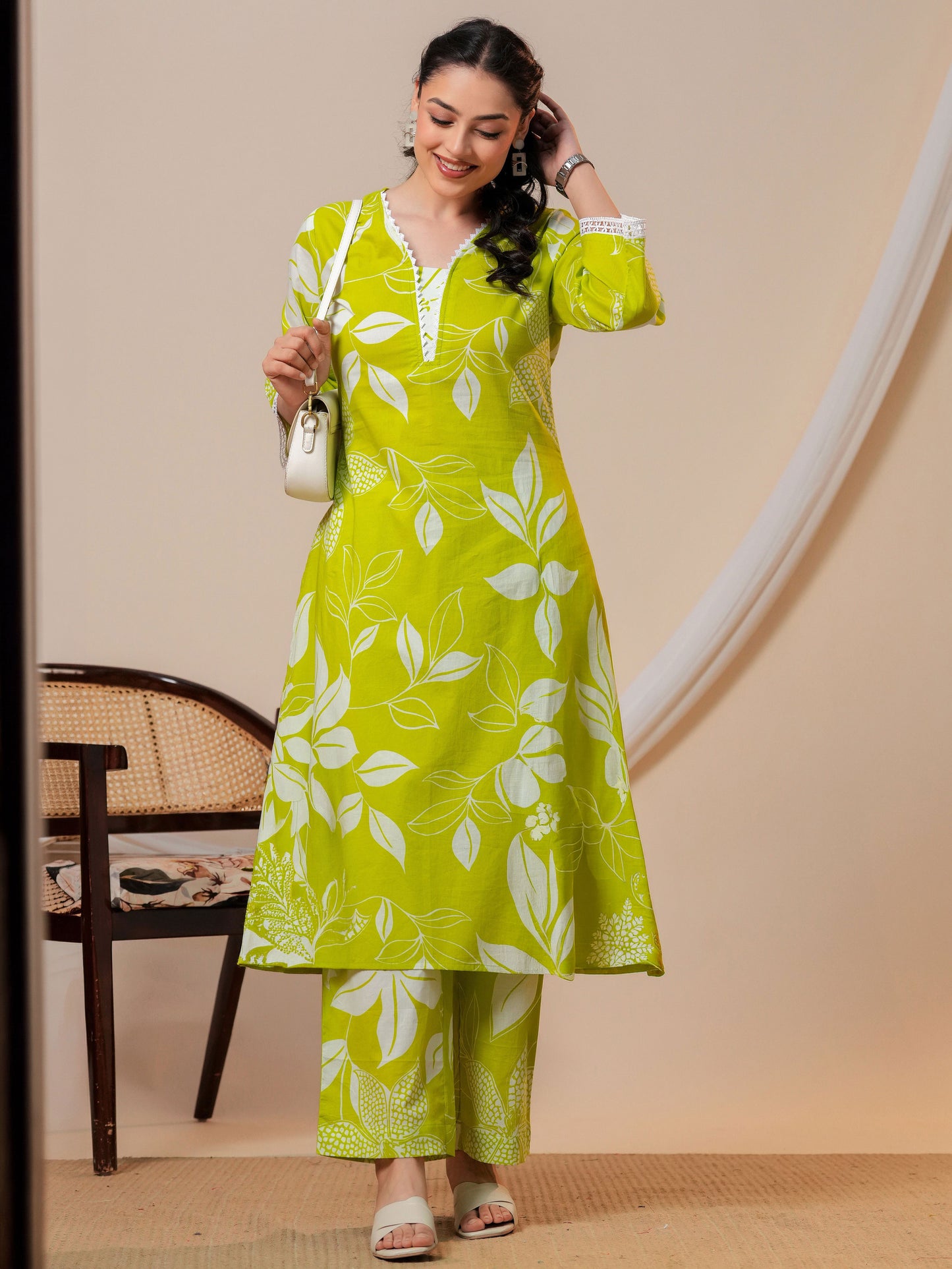 Soft cotton Floral A-line Green Kurta
