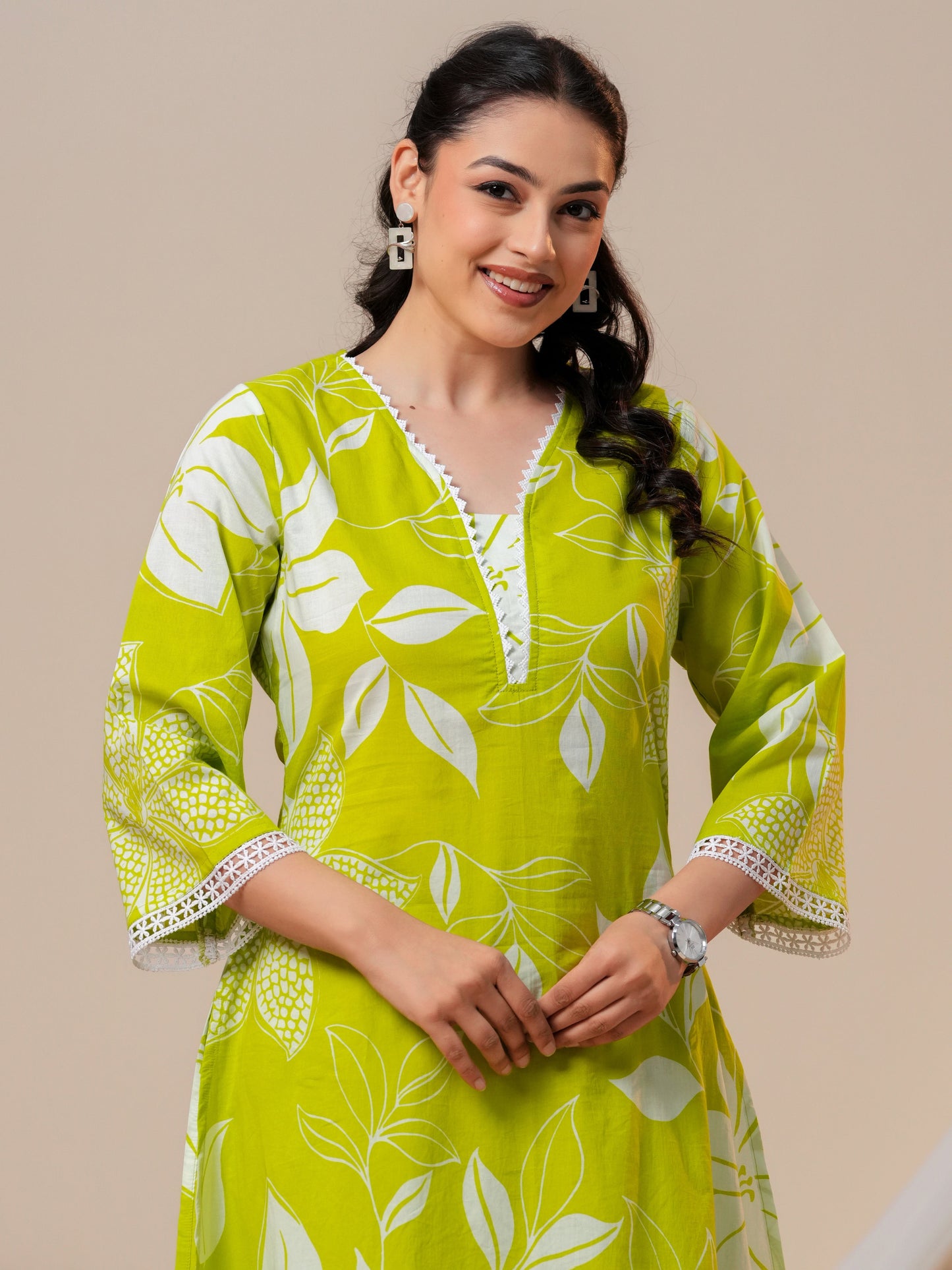 Soft cotton Floral A-line Green Kurta