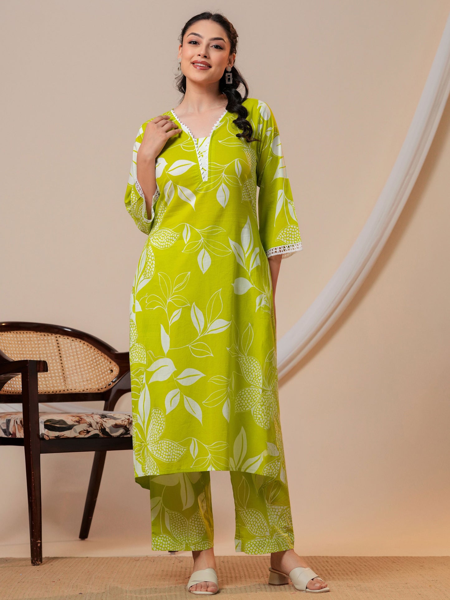 Soft cotton Floral A-line Green Kurta