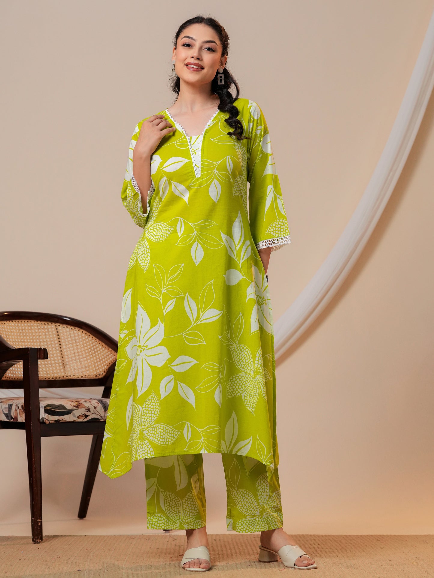 Soft cotton Floral A-line Green Kurta