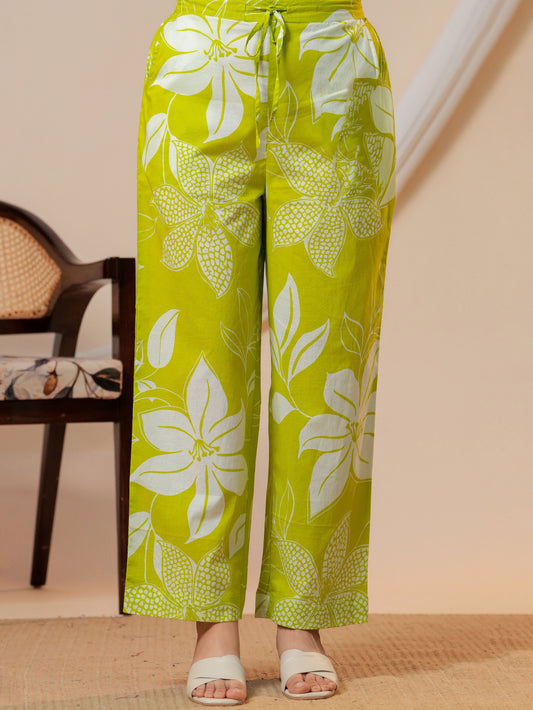 Soft cotton Floral Green Straight Trousers