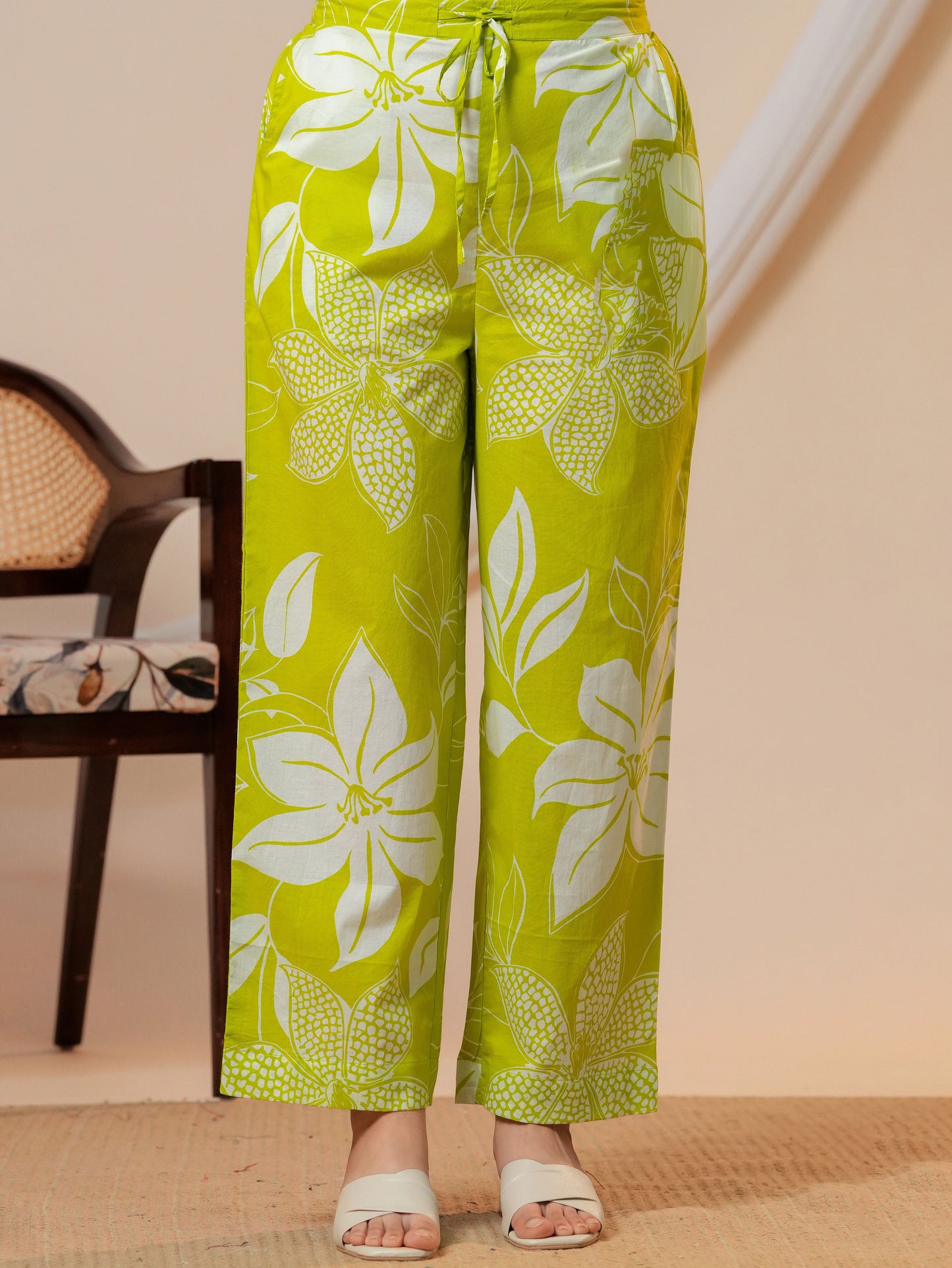 Soft cotton Floral A-line Green Kurta