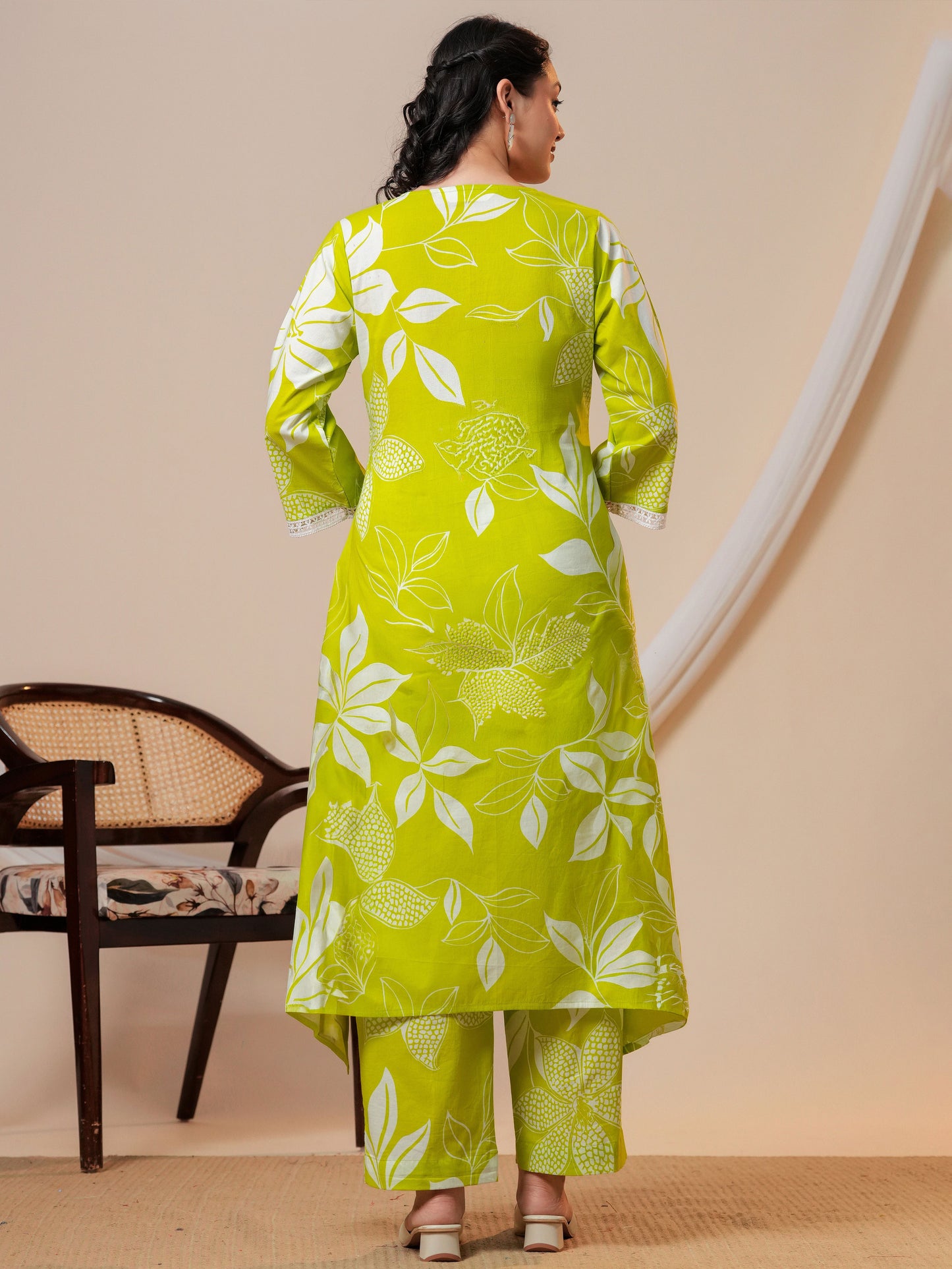Soft cotton Floral A-line Green Kurta