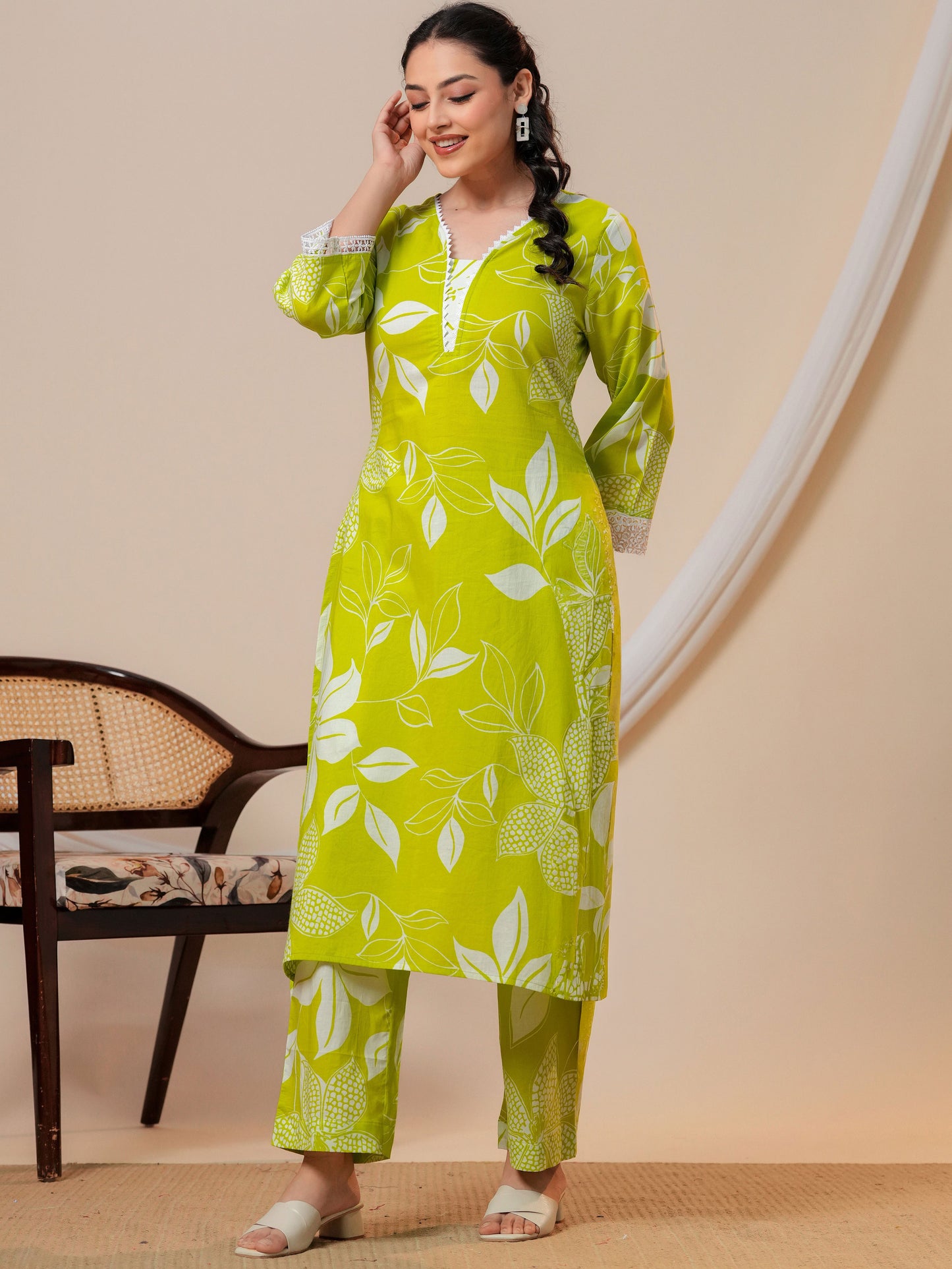Soft cotton Floral A-line Green Kurta