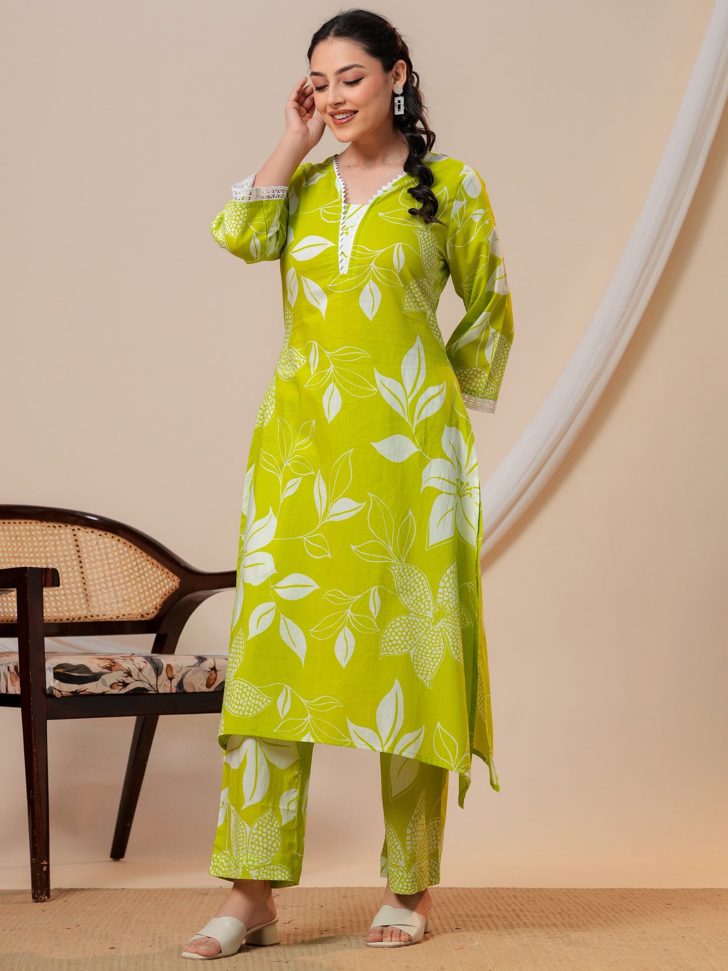 Soft cotton Floral A-line Green Kurta