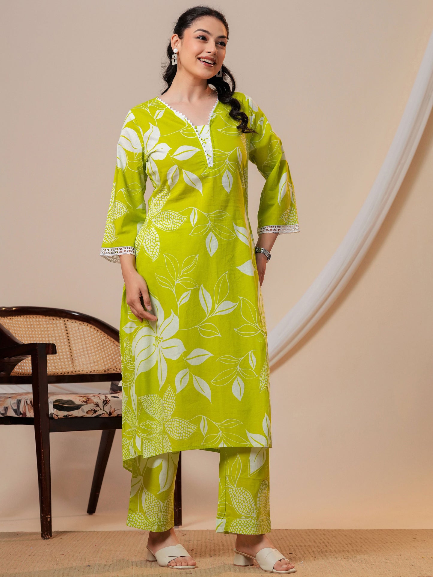 Soft cotton Floral A-line Green Kurta
