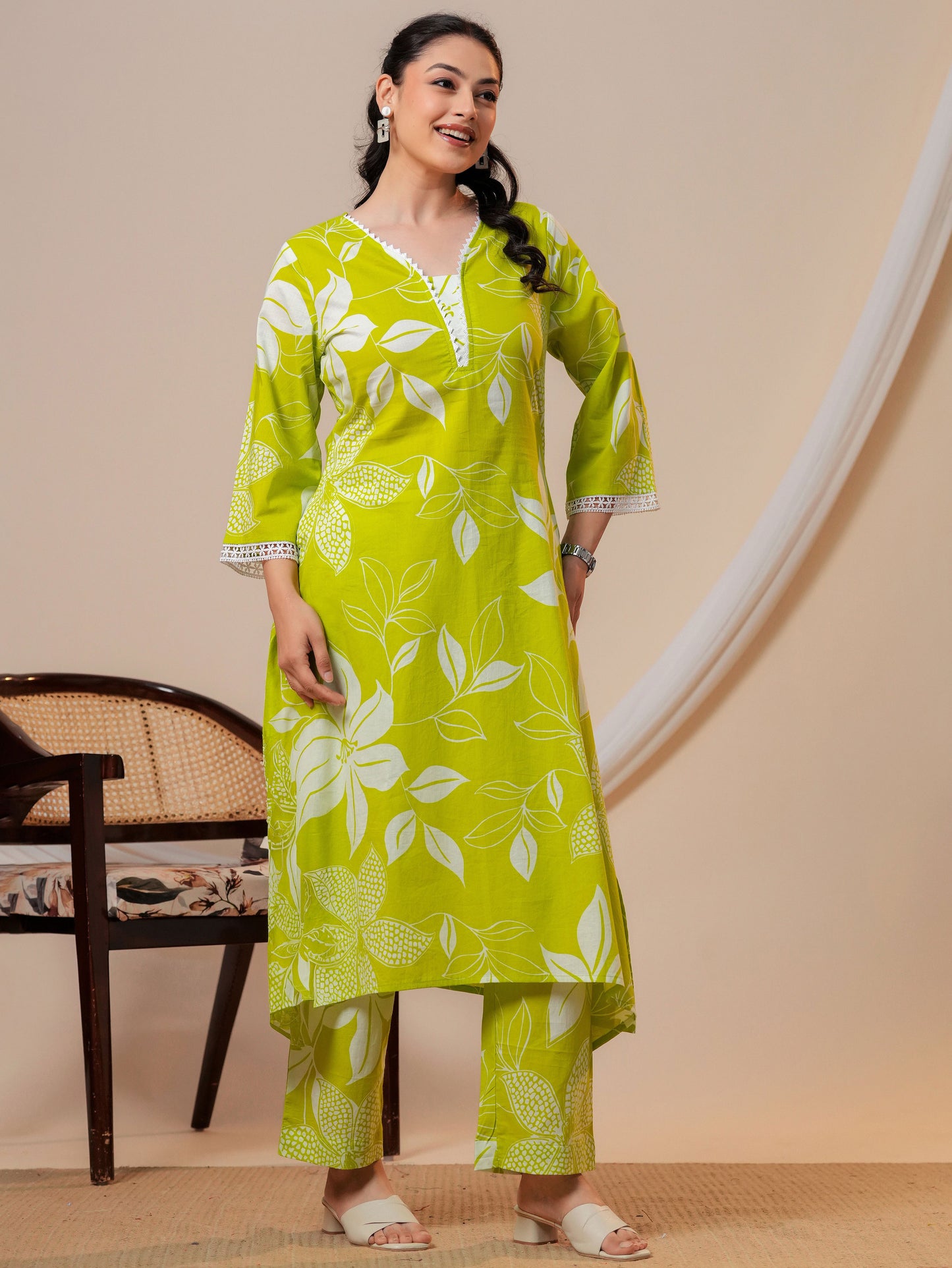 Soft cotton Floral A-line Green Kurta