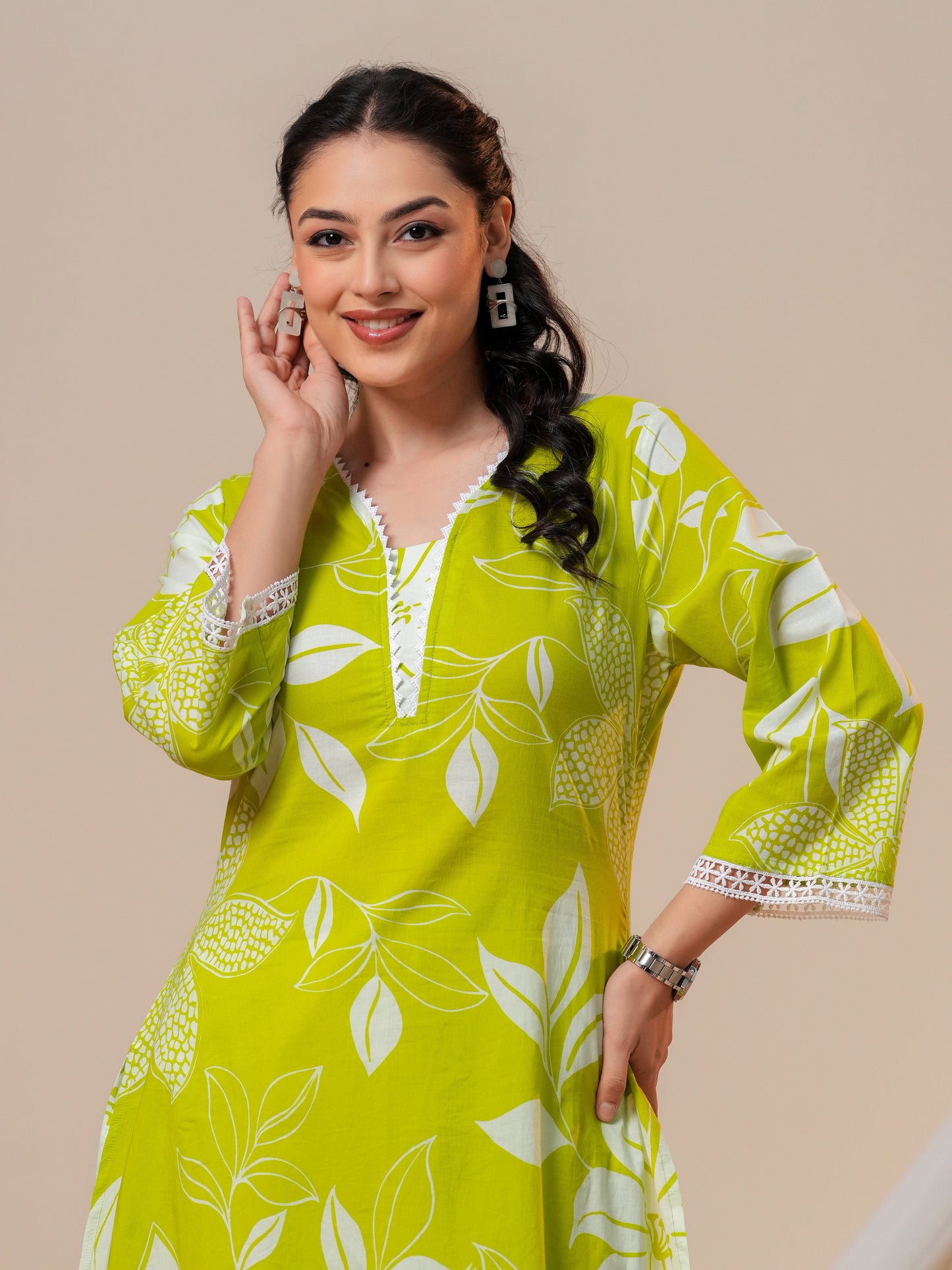 Soft cotton Floral A-line Green Kurta