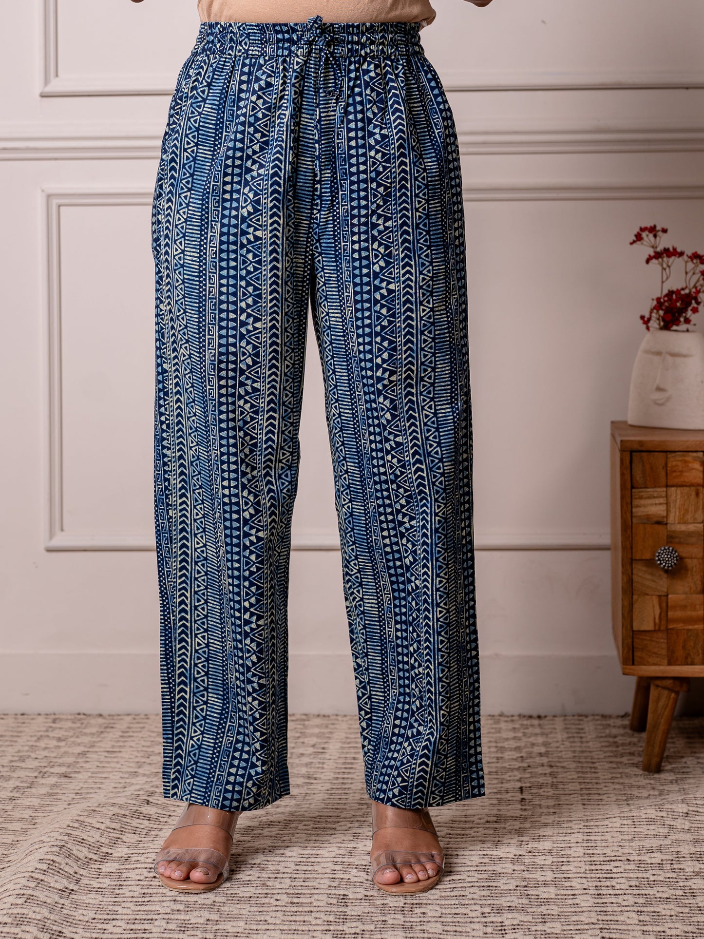 Soft cotton Geometric Indigo blue Straight Trousers