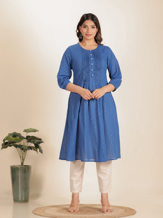Textured Cotton Woven Design A-line Blue Kurta