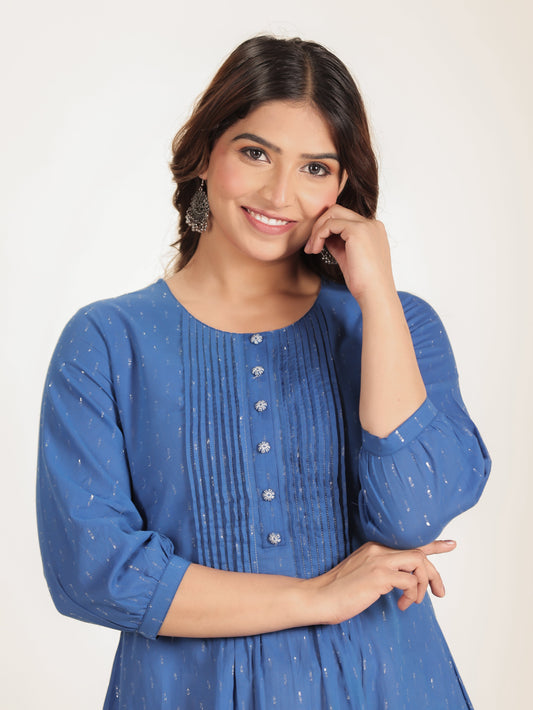 Textured Cotton Woven Design A-line Blue Kurta