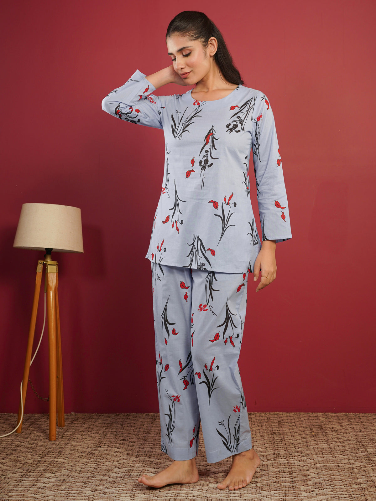 Soft Cotton Floral Top Blue Kurta