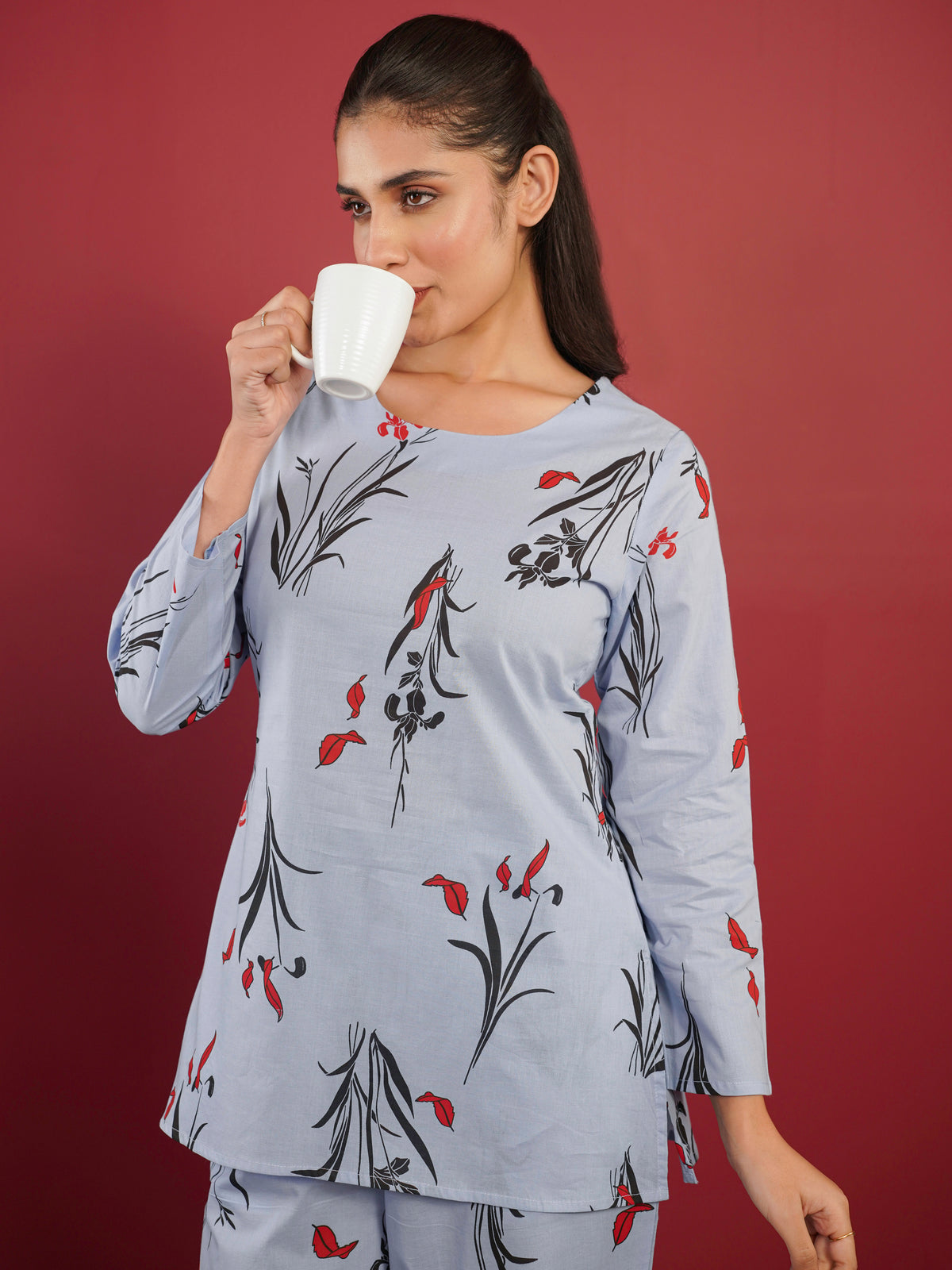 Soft Cotton Floral Top Blue Kurta