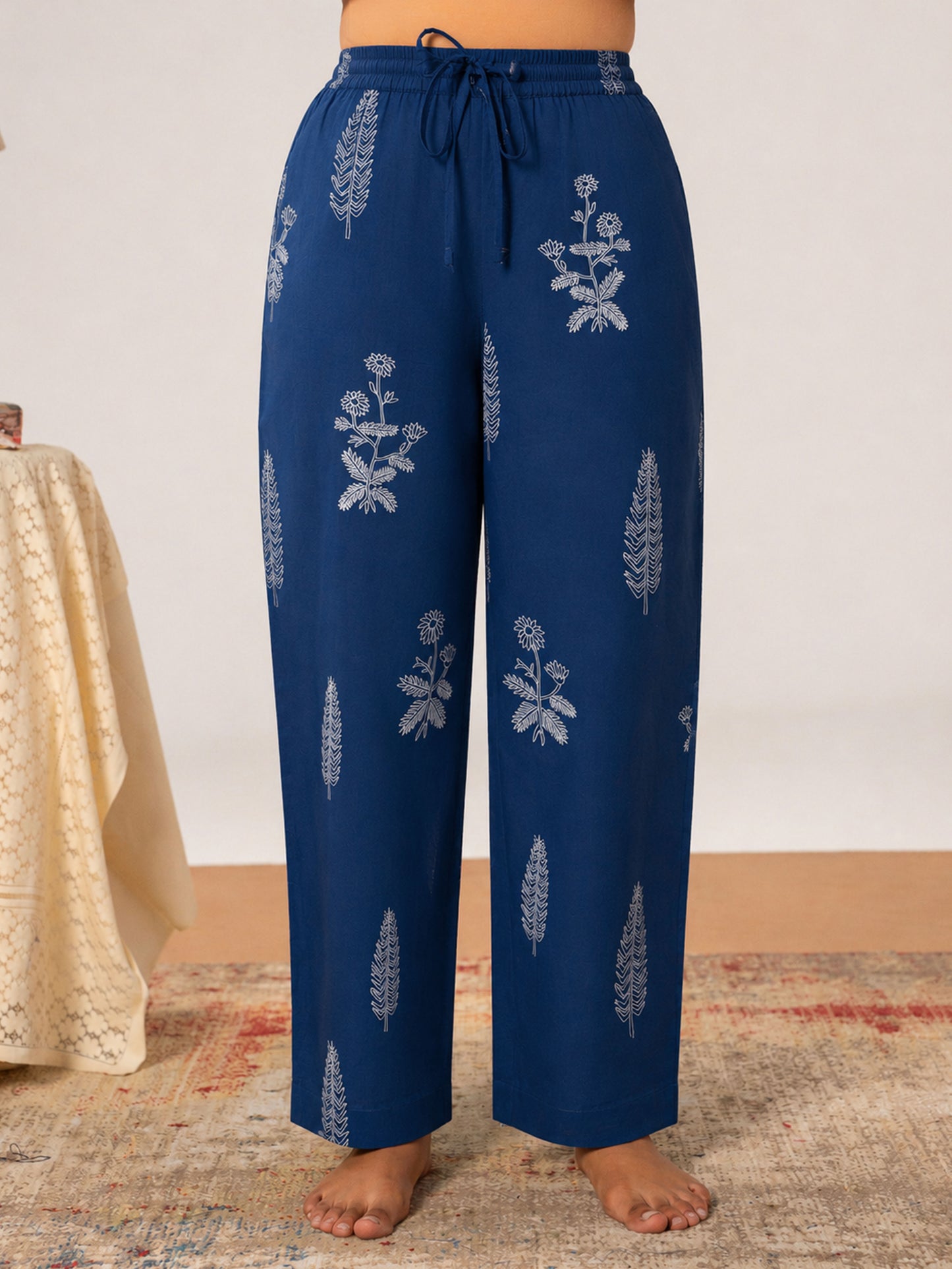 Soft cotton Floral Blue Straight Trousers