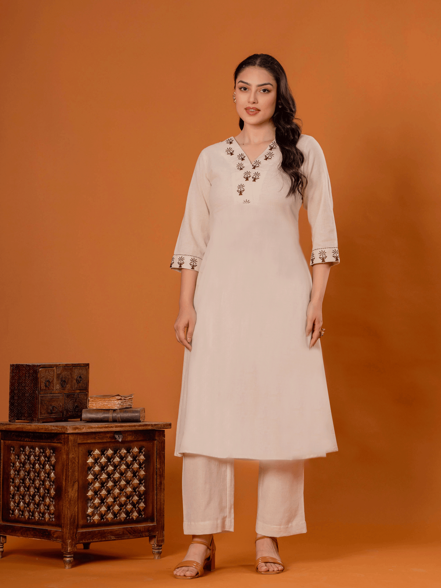 Embroidered Linen Cotton Solid Flared Off White Kurta