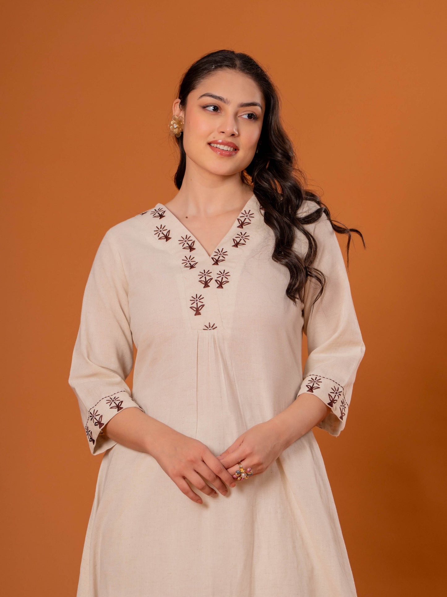 Embroidered Linen Cotton Solid Flared Off White Kurta