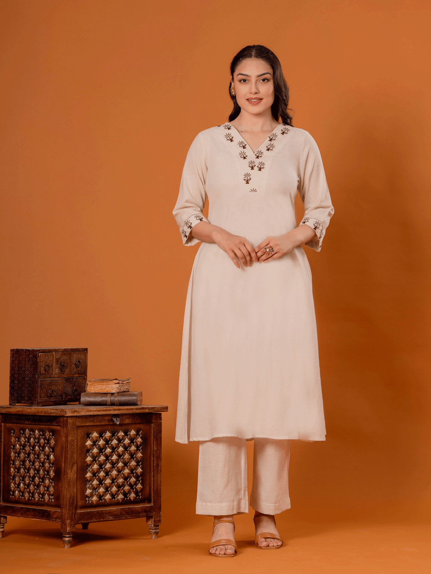 Embroidered Linen Cotton Solid Flared Off White Kurta