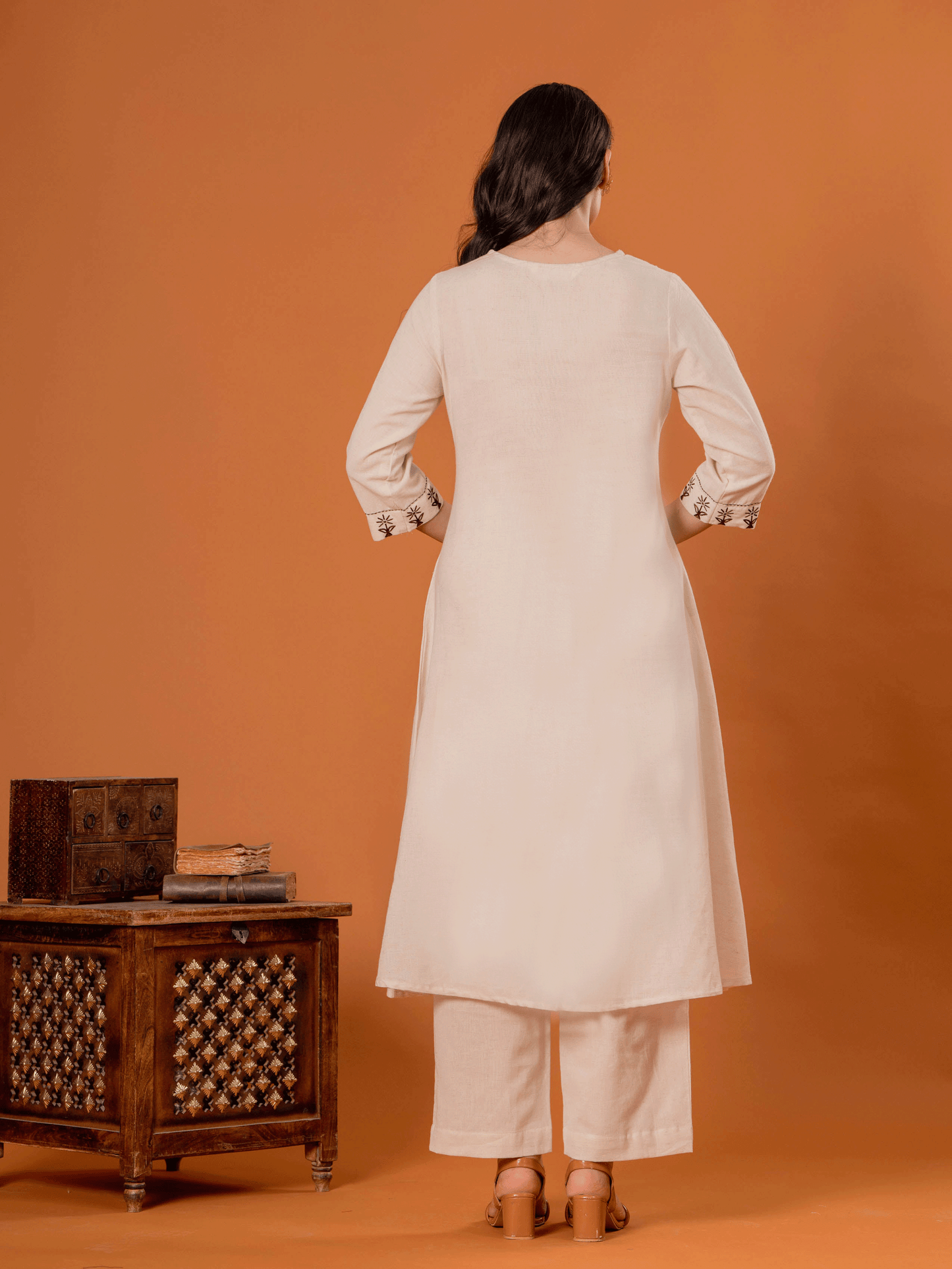Embroidered Linen Cotton Solid Flared Off White Kurta