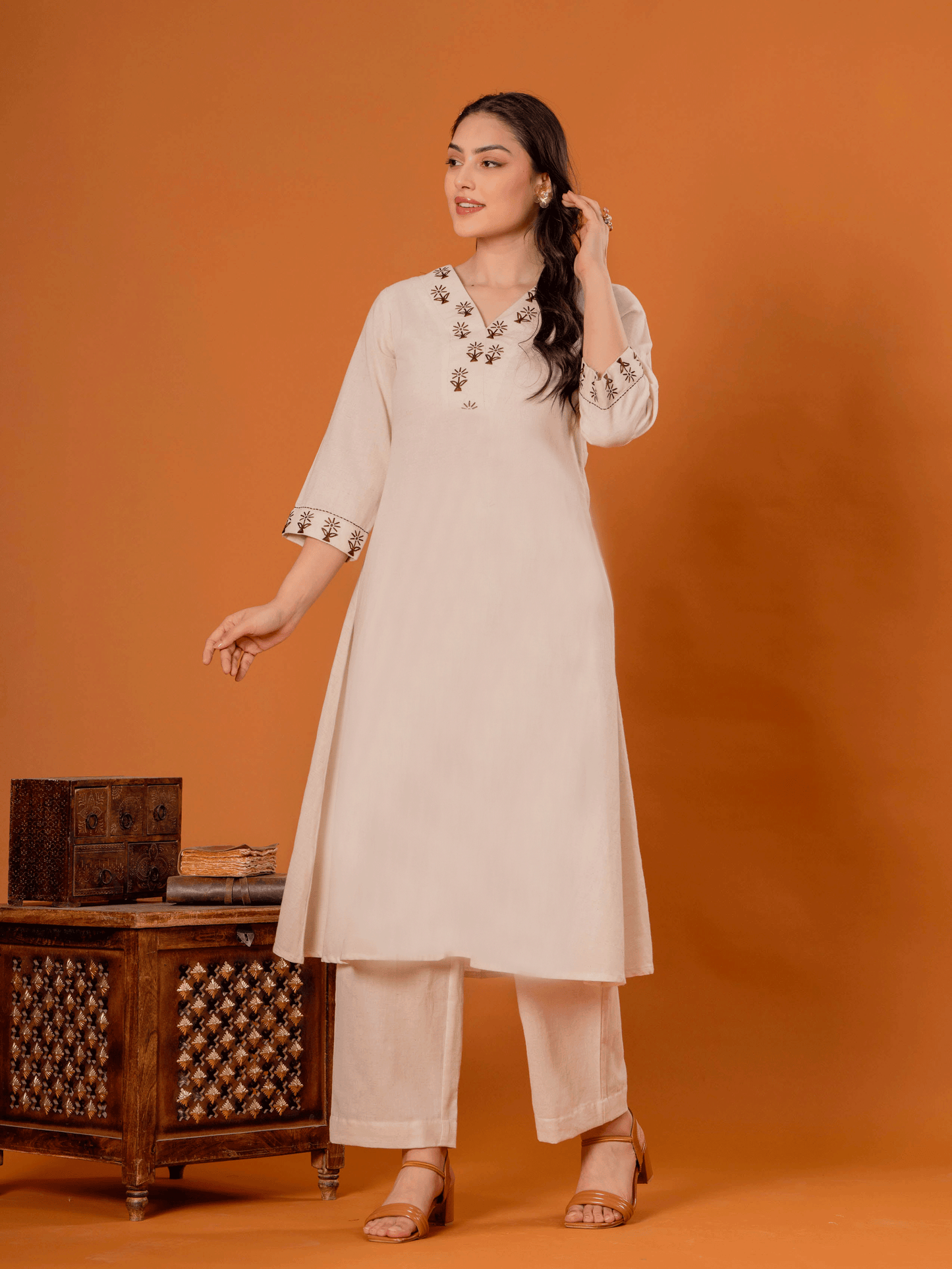 Embroidered Linen Cotton Solid Flared Off White Kurta