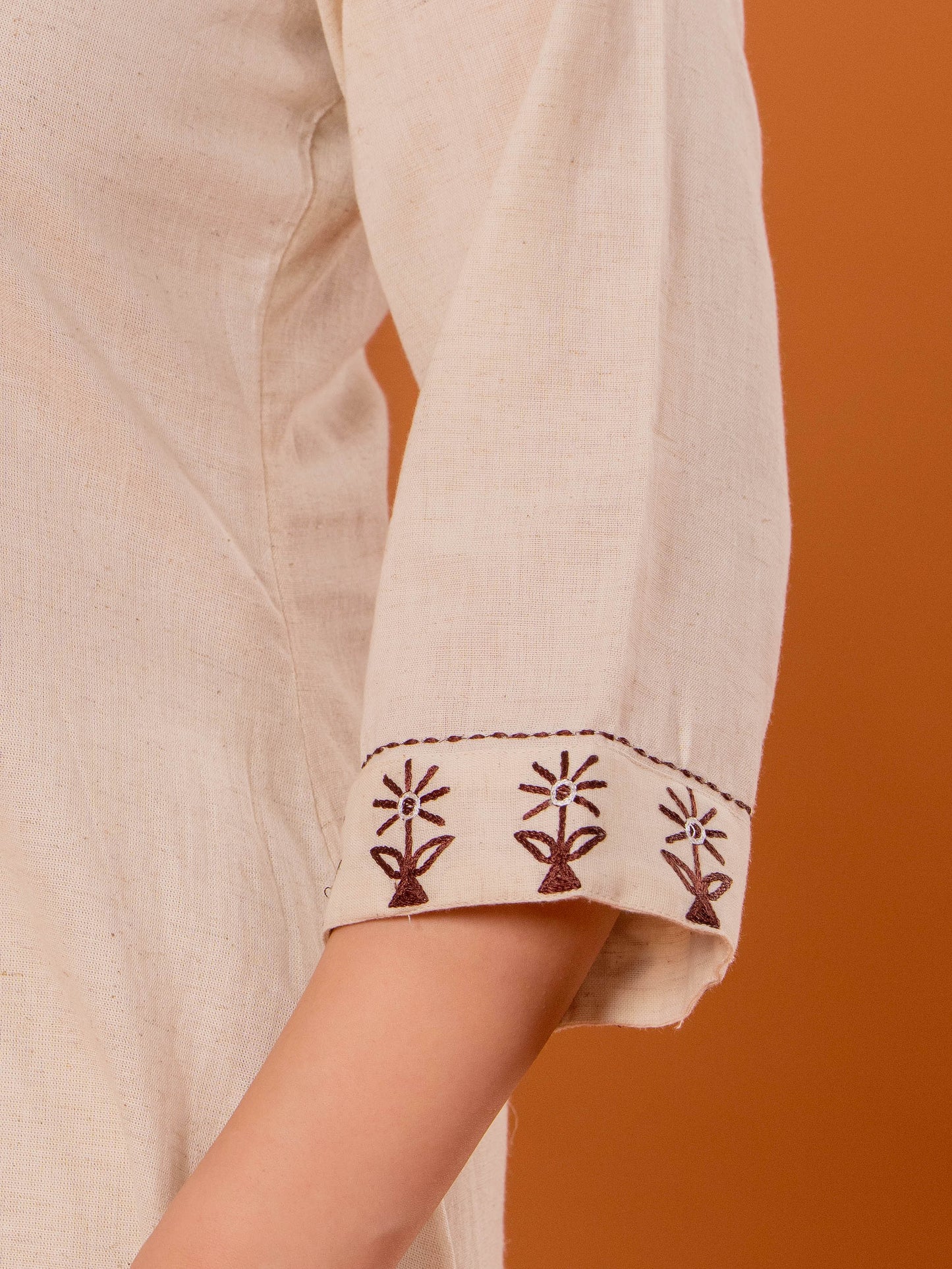 Embroidered Linen Cotton Solid Flared Off White Kurta