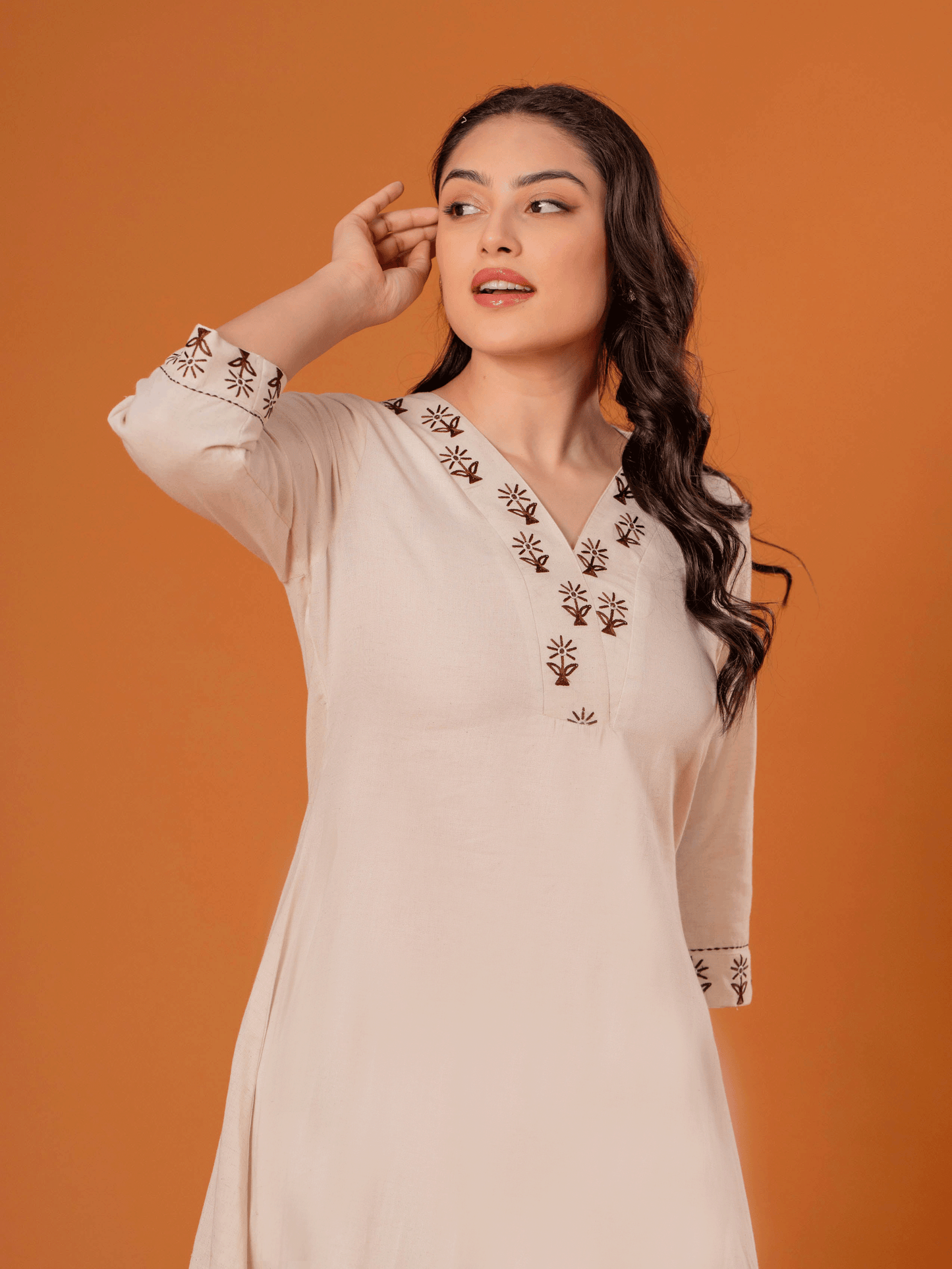 Embroidered Linen Cotton Solid Flared Off White Kurta