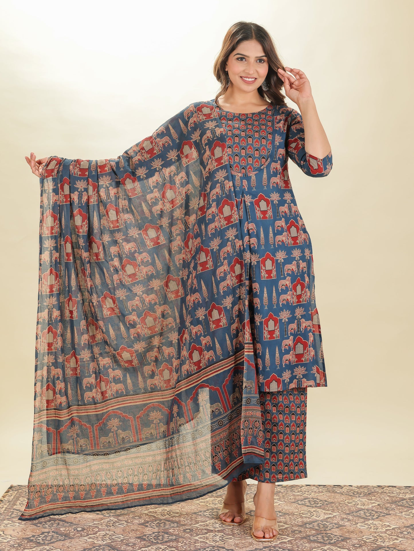 Soft Cotton Abstract A-line Blue Kurta