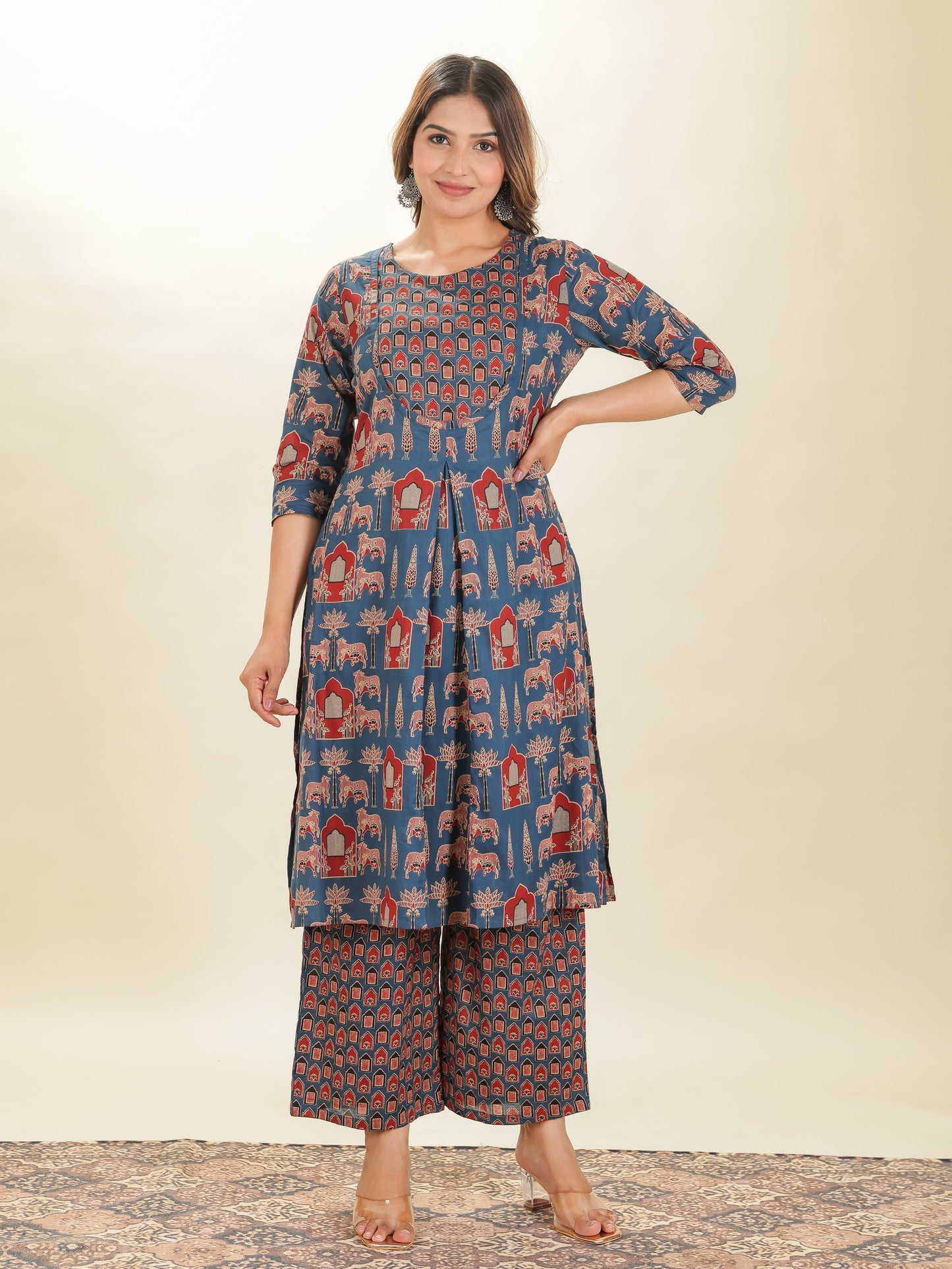Soft Cotton Abstract A-line Blue Kurta