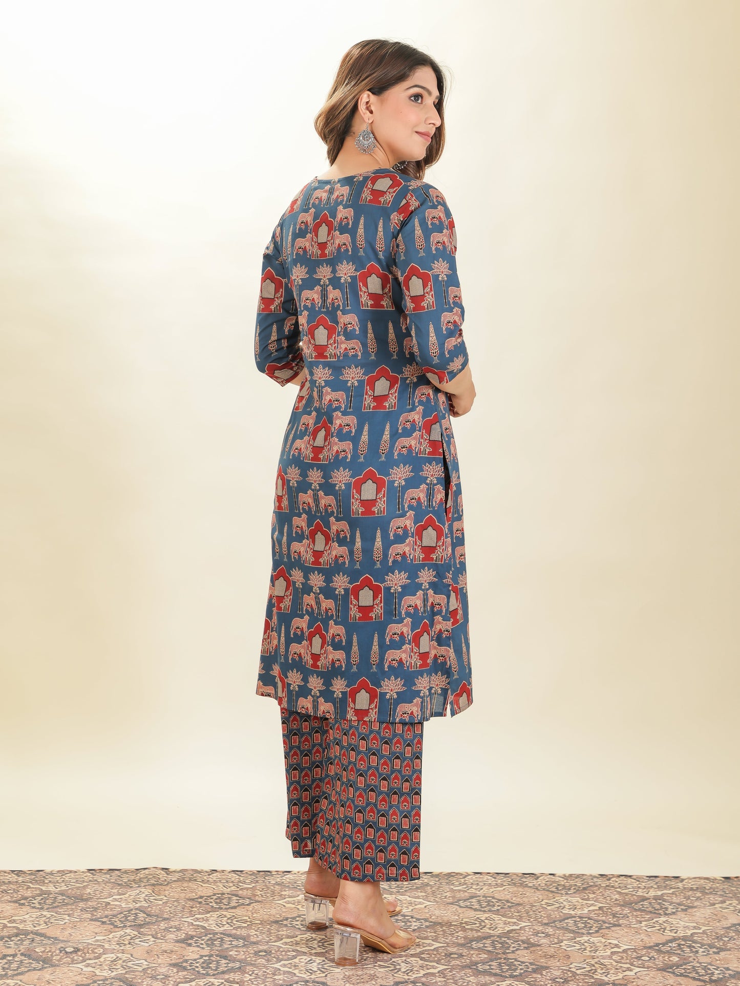 Soft Cotton Abstract A-line Blue Kurta